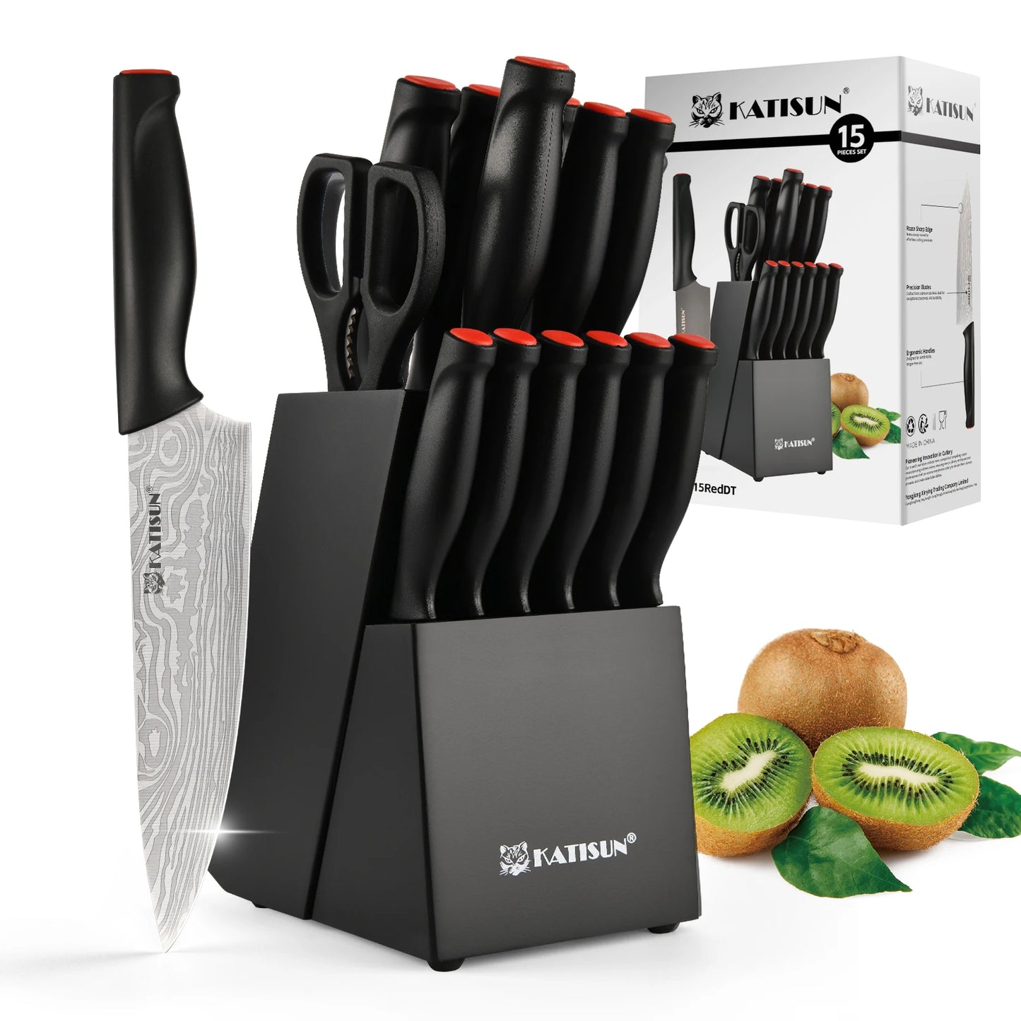 15-Piece High Carbon Knife Set with Sharpener