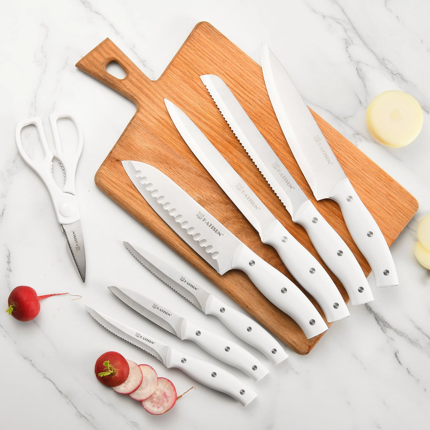 15-Piece White Carbon Steel Knife Set with Stand & Sharpener