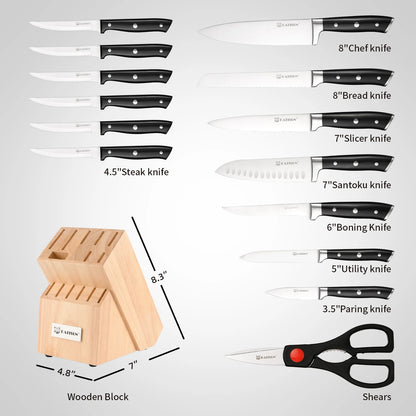 15-Piece Carbon Steel Kitchen Knife Set with Wooden Stand