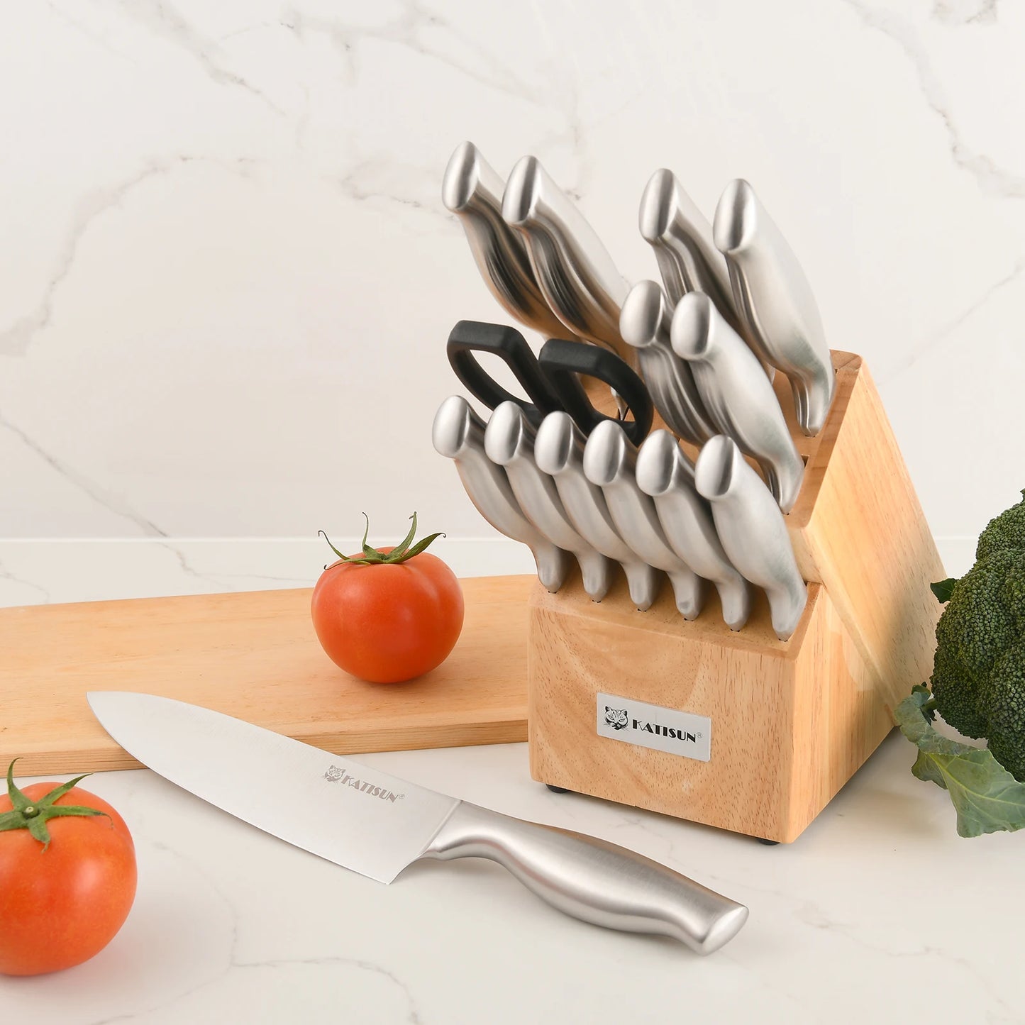 15-Piece Stainless Steel Kitchen Knife Set with Wooden Block