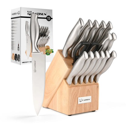 15-Piece Stainless Steel Kitchen Knife Set with Wooden Block