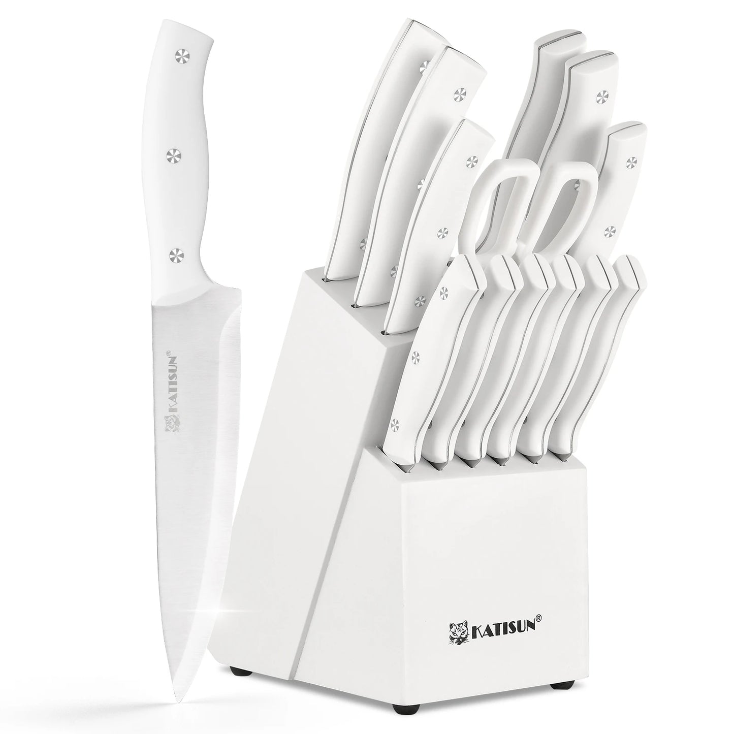 15-Piece White Carbon Steel Knife Set with Stand & Sharpener