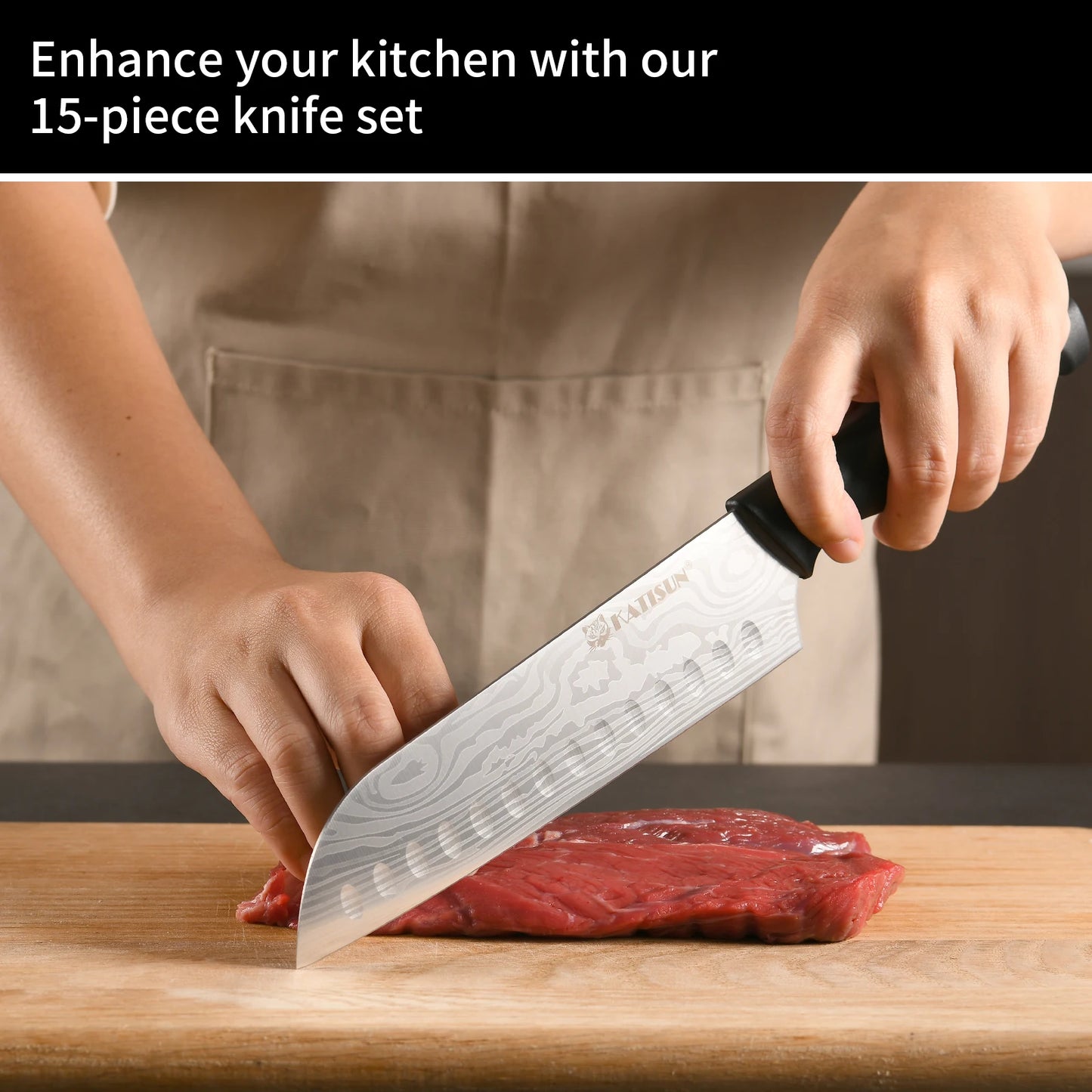 15-Piece High Carbon Knife Set with Sharpener