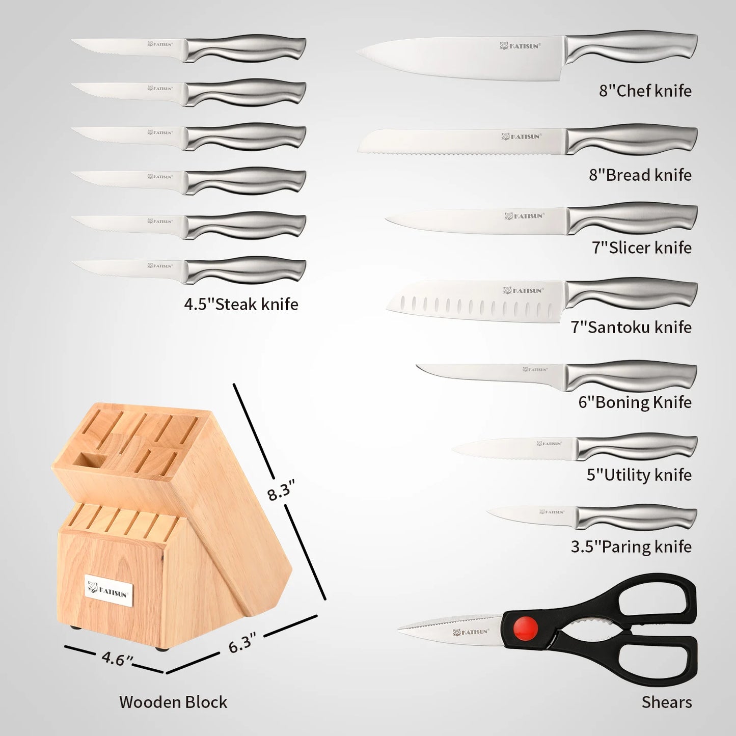 15-Piece Stainless Steel Kitchen Knife Set with Wooden Block