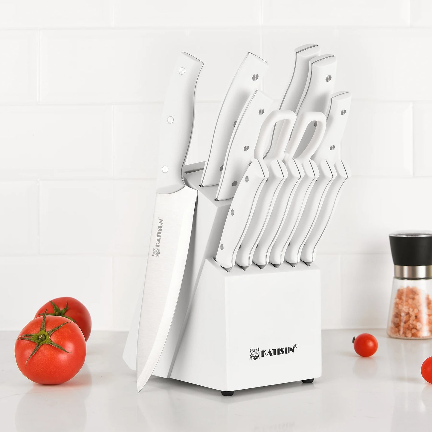 15-Piece White Carbon Steel Knife Set with Stand & Sharpener