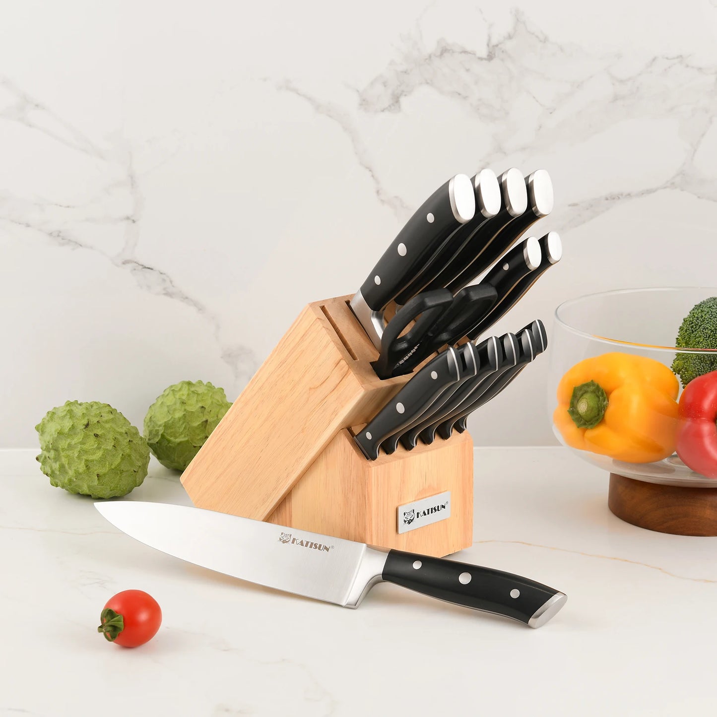 15-Piece Carbon Steel Kitchen Knife Set with Wooden Stand