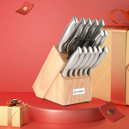 15-Piece Stainless Steel Kitchen Knife Set with Wooden Block